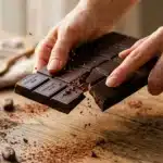 Mains cassant tablette chocolat noir sur table bois