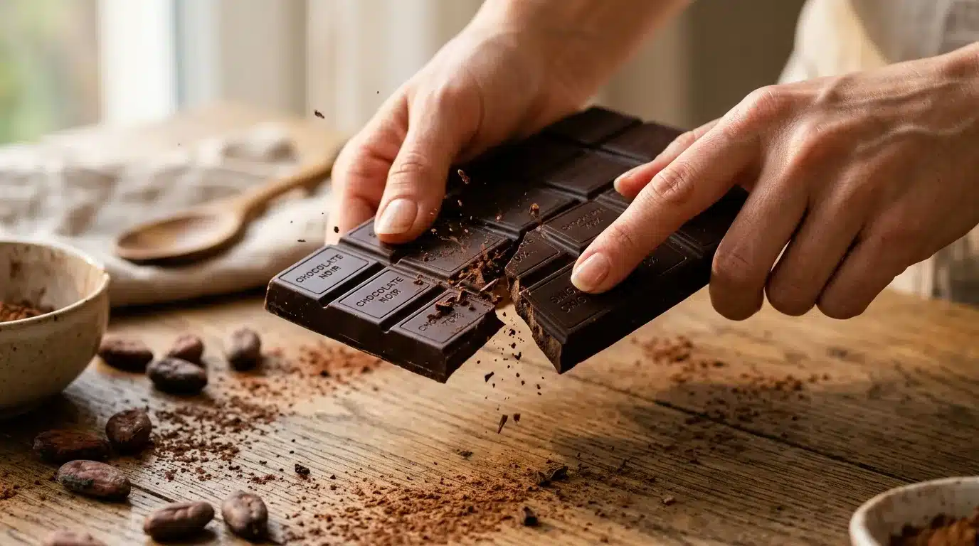 Mains cassant tablette chocolat noir sur table bois