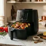Friteuse Ninja noire remplie de viande et légumes cuits