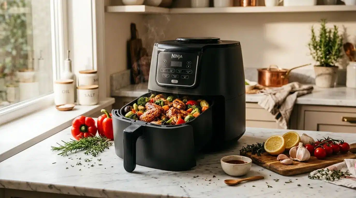 Friteuse Ninja noire remplie de viande et légumes cuits