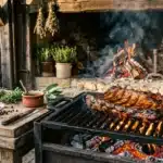 Viande grillée sur feu de bois, herbes aromatiques et condiments.