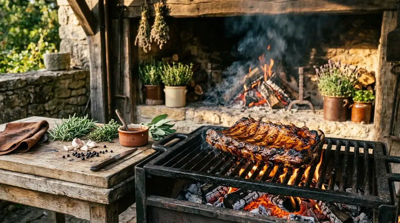 Viande grillée sur feu de bois, herbes aromatiques et condiments.