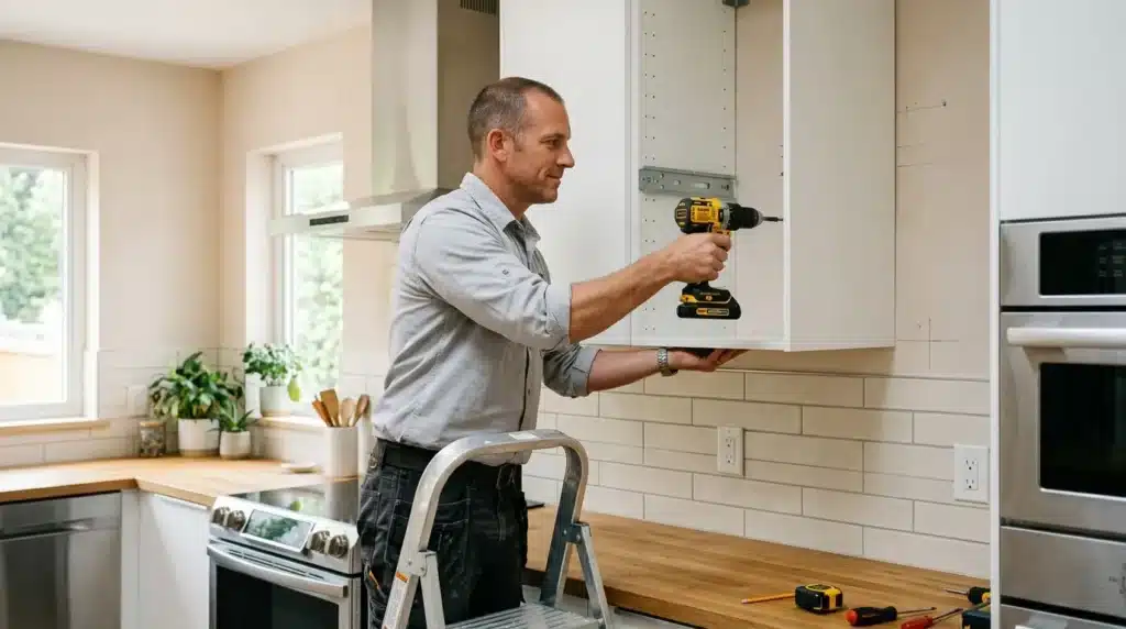 Ouvrier installant un meuble blanc dans une cuisine moderne