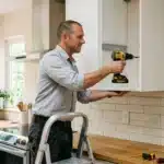 Ouvrier installant un meuble blanc dans une cuisine moderne