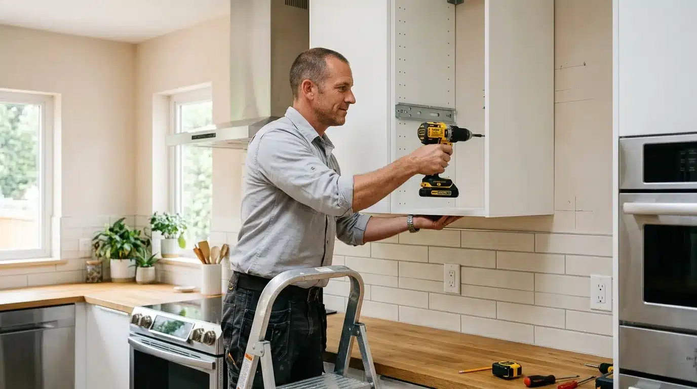 Ouvrier installant un meuble blanc dans une cuisine moderne