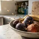 Bol de fruits envahi par des mouches dans une cuisine