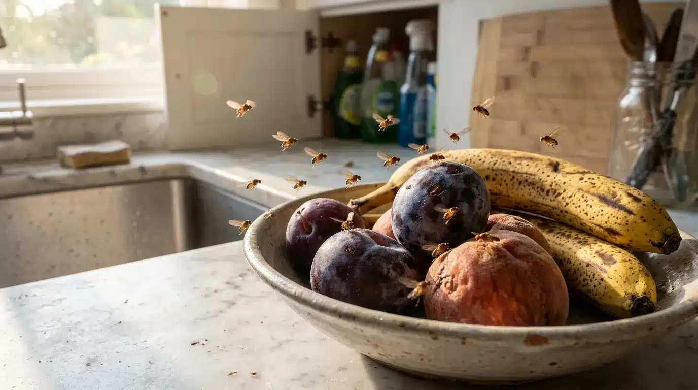 Bol de fruits envahi par des mouches dans une cuisine