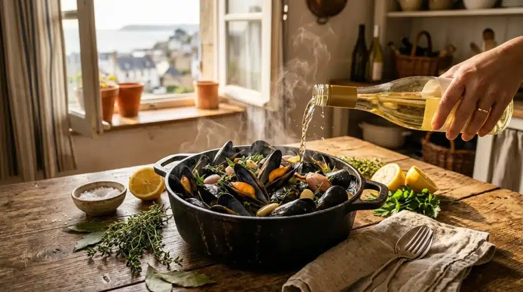 Main versant vin blanc sur moules cuites dans poêle noire