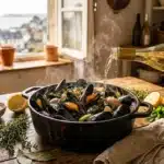 Main versant vin blanc sur moules cuites dans poêle noire