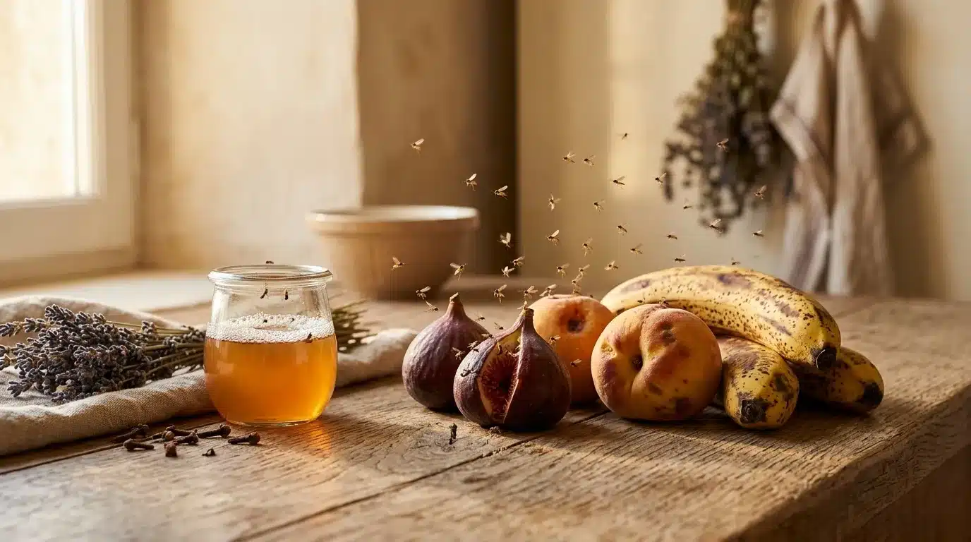 Fruits frais, miel doré et lavande séchée sur bois rustique