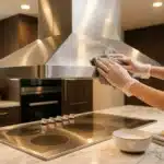 Femme nettoie une hotte inox dans sa cuisine moderne