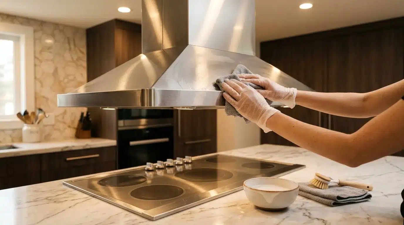 Femme nettoie une hotte inox dans sa cuisine moderne