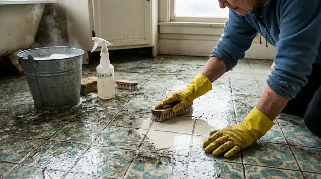 Homme en gants jaunes brosse le sol carrelé avec produit nettoyant