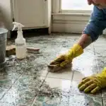 Homme en gants jaunes brosse le sol carrelé avec produit nettoyant