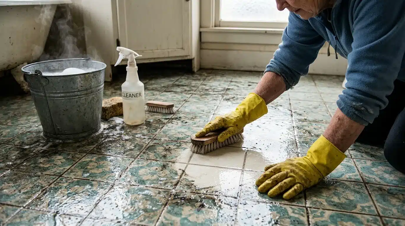 Homme en gants jaunes brosse le sol carrelé avec produit nettoyant
