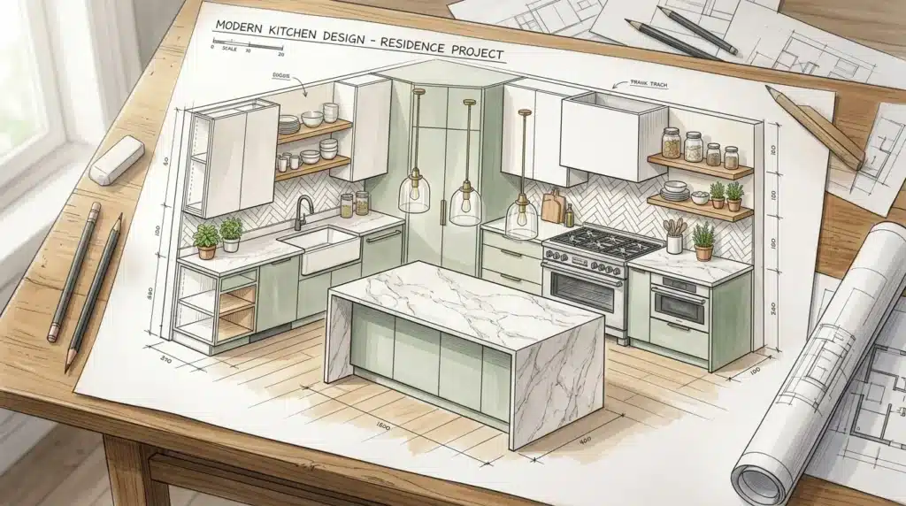 Dessin architectural cuisine moderne avec îlot central et armoires vertes