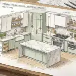 Dessin architectural cuisine moderne avec îlot central et armoires vertes