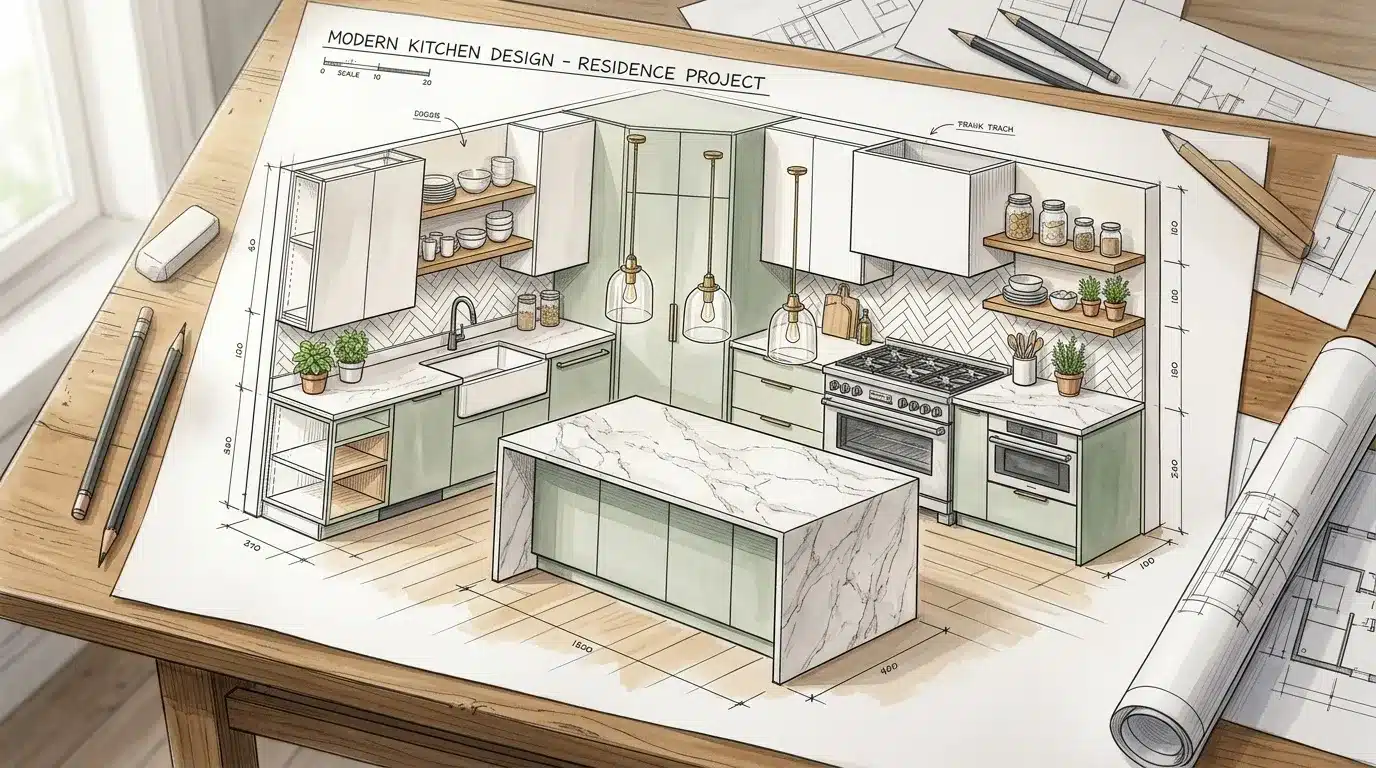 Dessin architectural cuisine moderne avec îlot central et armoires vertes