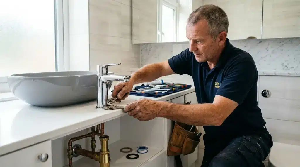 Plombier professionnel répare un robinet chromé dans une salle de bain