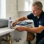 Plombier professionnel répare un robinet chromé dans une salle de bain