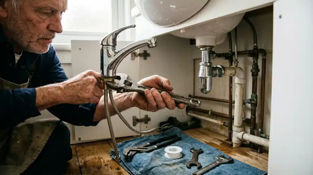 Plombier utilisant une clé pour réparer un robinet sous évier