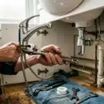 Plombier utilisant une clé pour réparer un robinet sous évier