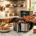 Femme utilisant une friteuse Ninja pour cuire des brochettes de poulet et légumes