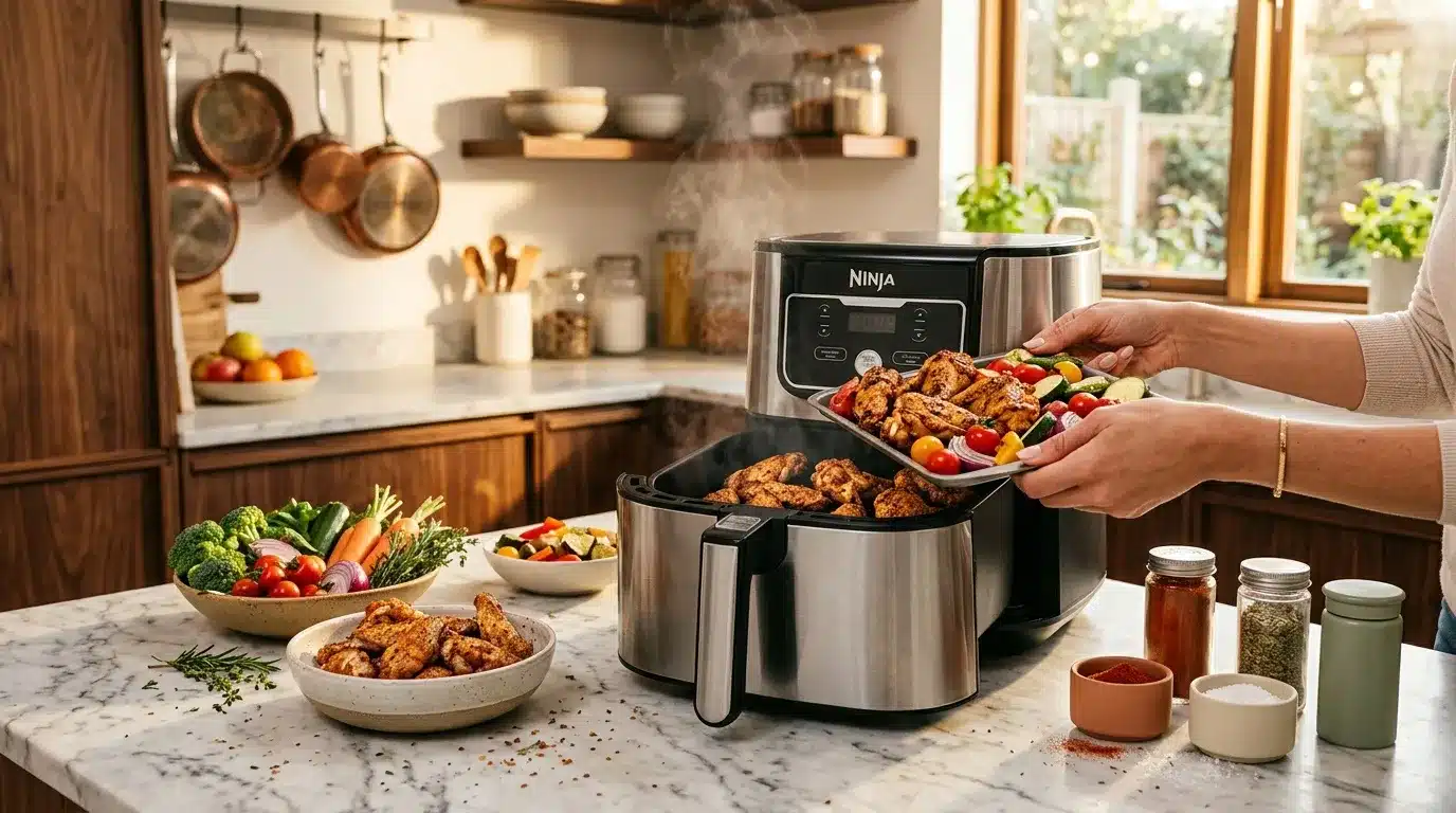 Femme utilisant une friteuse Ninja pour cuire des brochettes de poulet et légumes