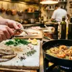 Chef prépare crevettes en cuisine professionnelle avec herbes et épices