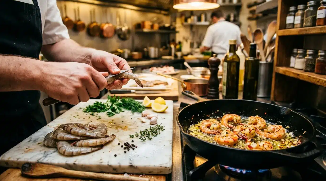 Chef prépare crevettes en cuisine professionnelle avec herbes et épices