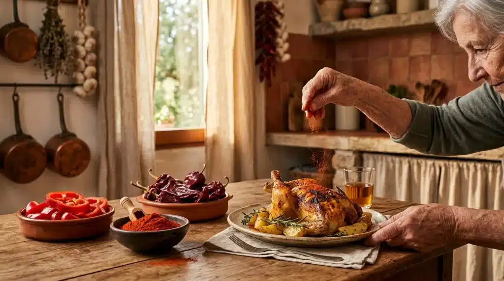 Chef âgé saupoudrant épices sur poulet rôti en cuisine rustique