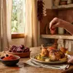 Chef âgé saupoudrant épices sur poulet rôti en cuisine rustique