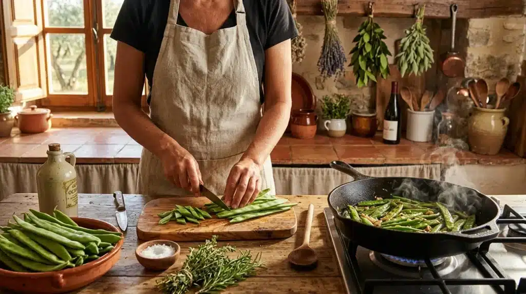 Chef en tablier préparant des haricots verts à la cuisine rustique