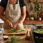Chef en tablier préparant des haricots verts à la cuisine rustique