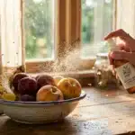 Main vaporisant spray naturel sur fruits dans cuisine ensoleillée