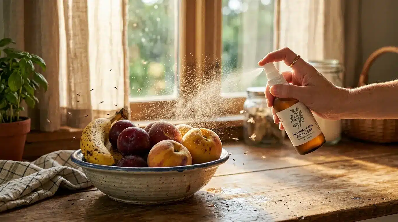 Main vaporisant spray naturel sur fruits dans cuisine ensoleillée