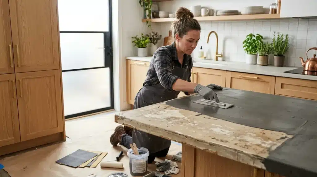 Femme appliquant finition sur plan de travail cuisine