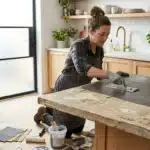 Femme appliquant finition sur plan de travail cuisine