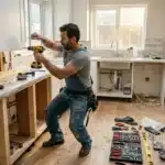 Ouvrier utilise perceuse dans cuisine en construction