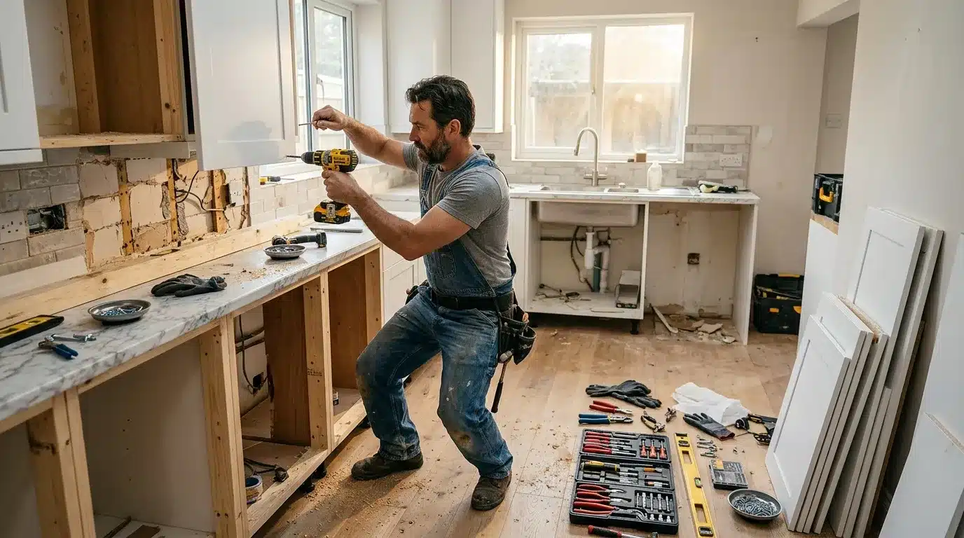 Ouvrier utilise perceuse dans cuisine en construction