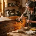 Artisan restaure un meuble bois dans son atelier