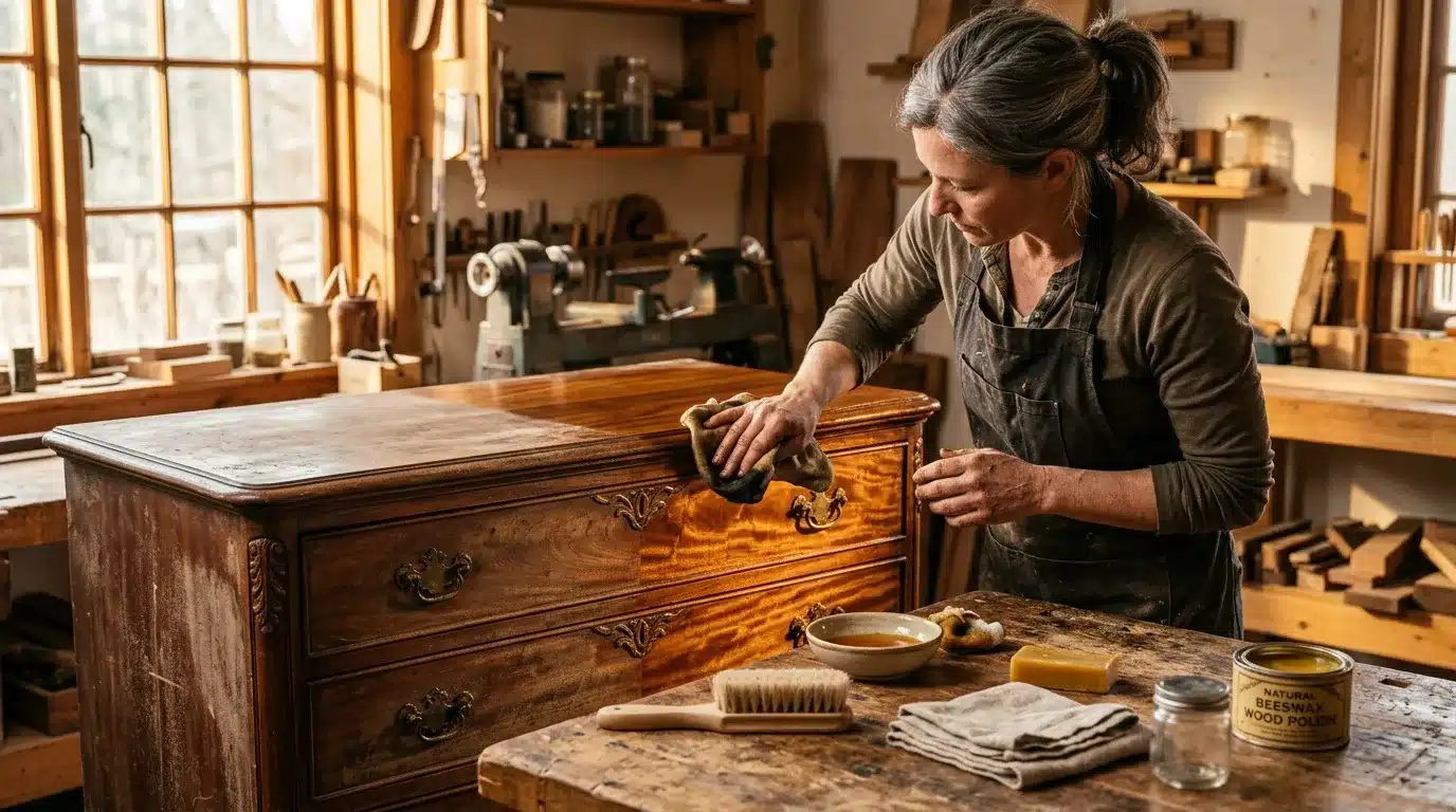 Artisan restaure un meuble bois dans son atelier