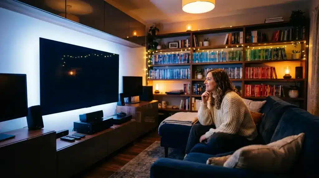 Femme regardant la télévision dans un salon cosy