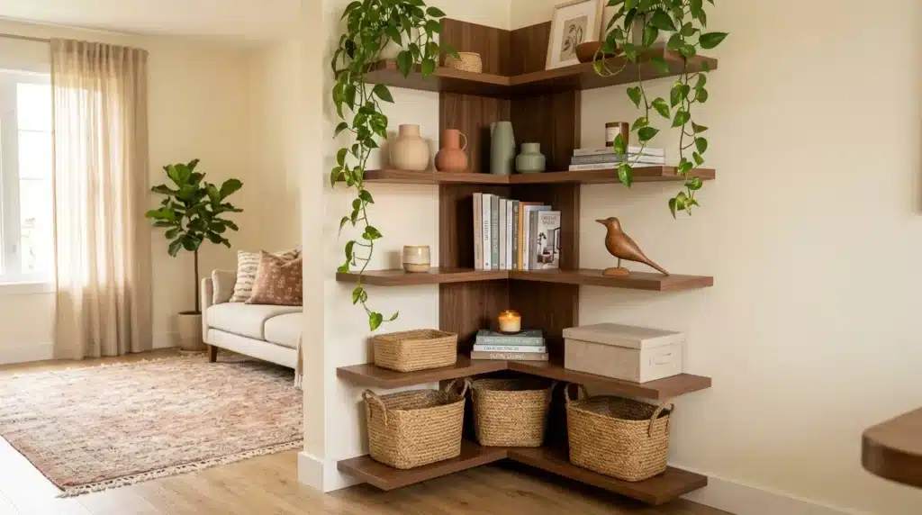Étagères en bois avec plantes, livres et paniers de rangement
