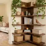 Étagères en bois avec plantes, livres et paniers de rangement