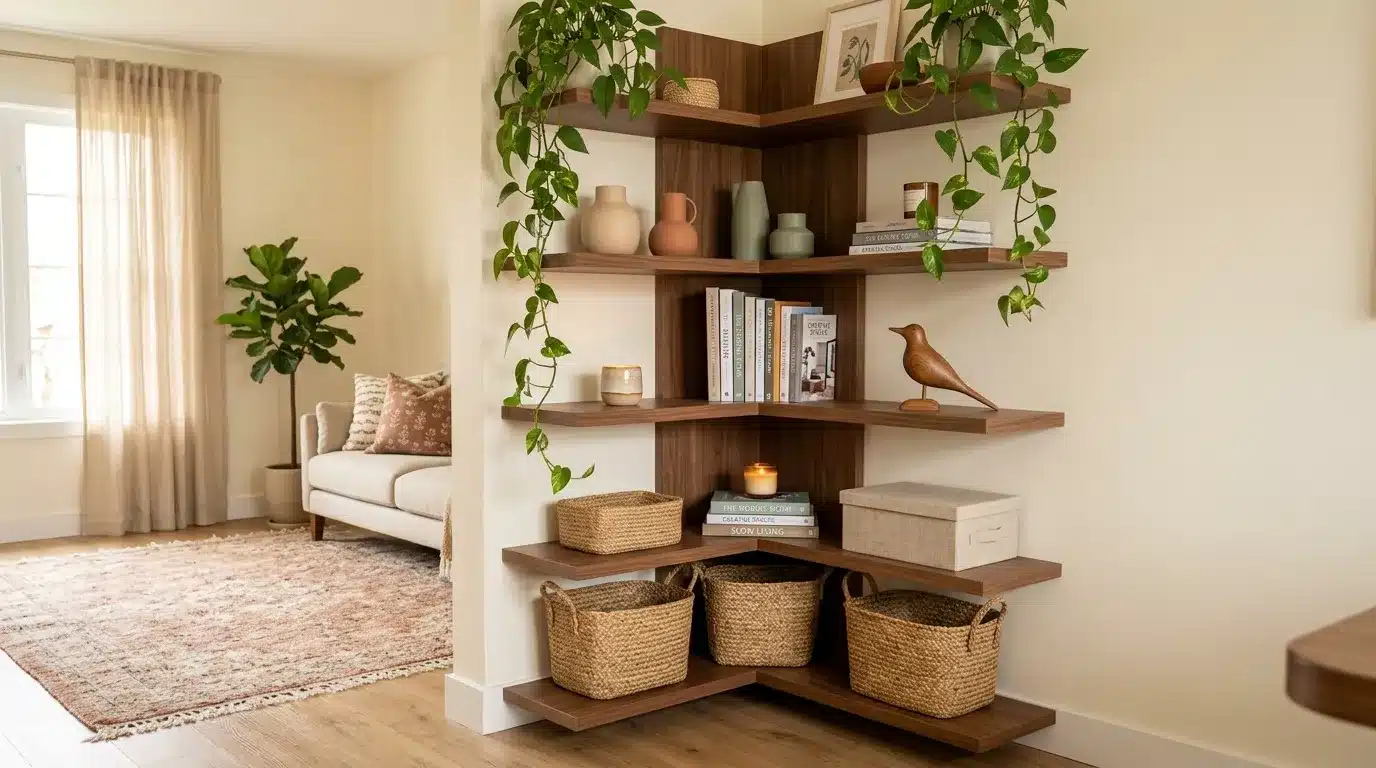 Étagères en bois avec plantes, livres et paniers de rangement